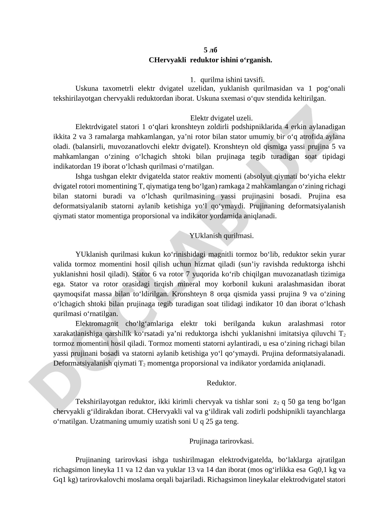 Chervyakli reduktor ishini o‘rganish