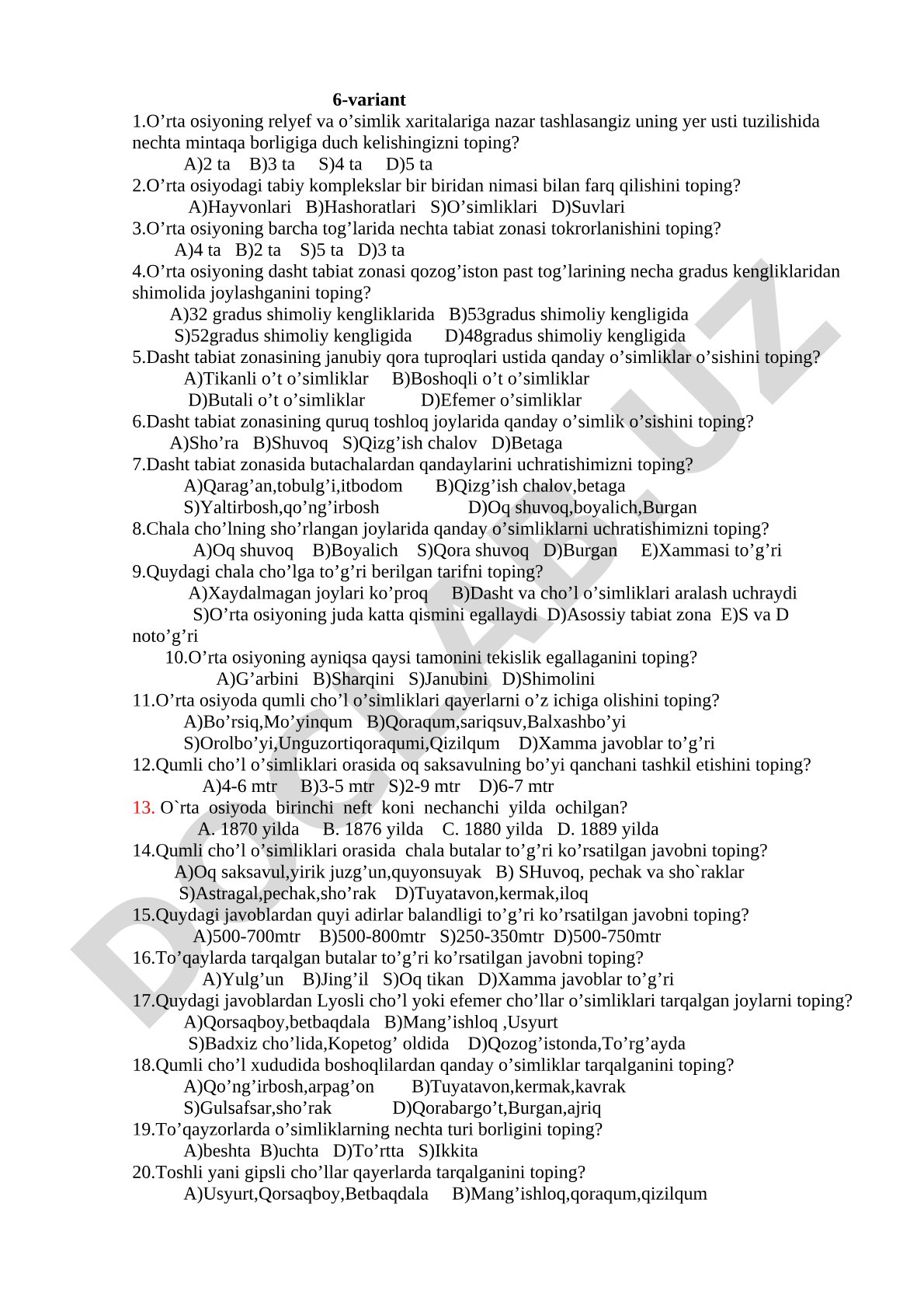 O'rta Osiyo tabiat zonalari va o'simliklar