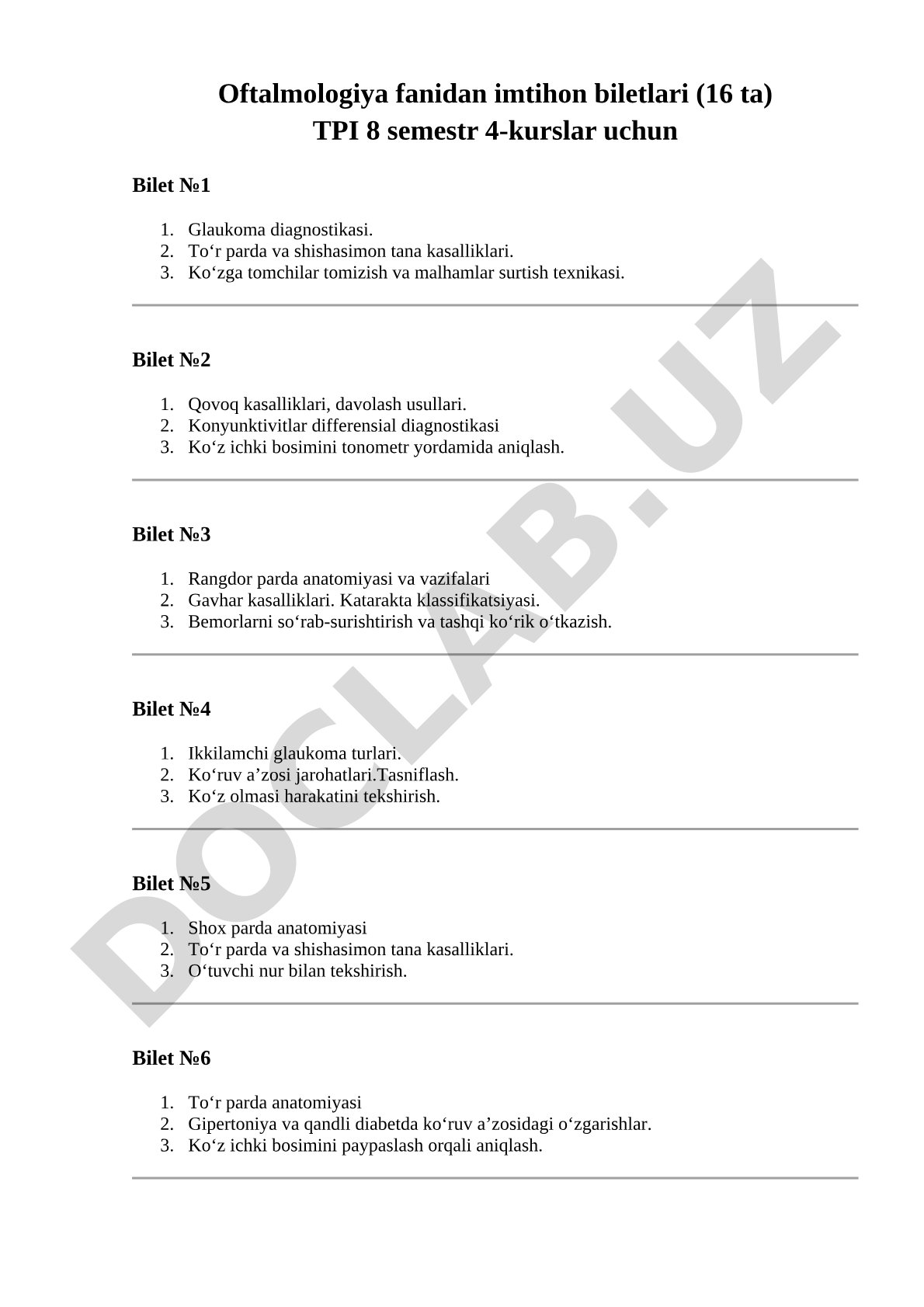 Oftalmologiya fanidan imtihon biletlari (16 ta) TPI 8 semestr 4-kurslar uchun