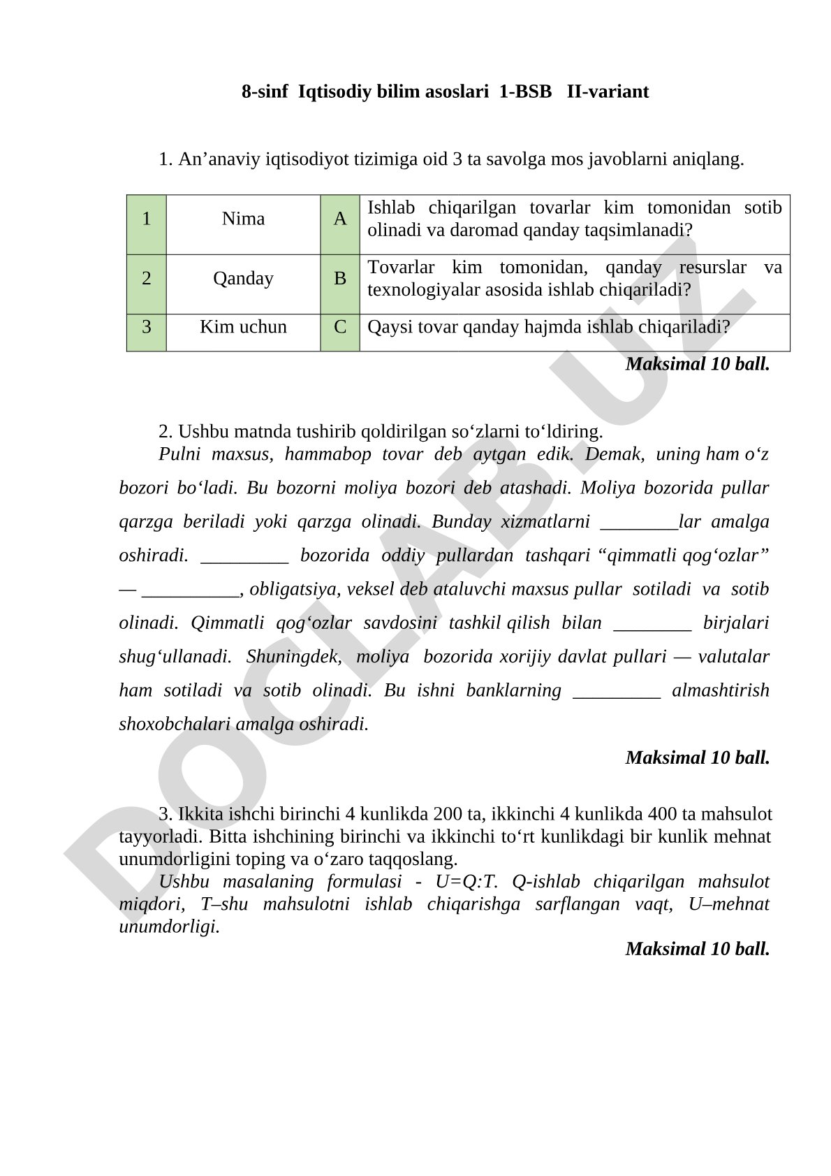 8-sinf Iqtisodiy bilim asoslari 1-BSB II-variant