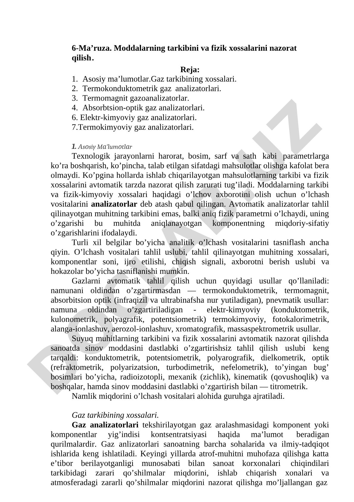 Moddalarning tarkibini va fizik xossalarini nazorat qilish