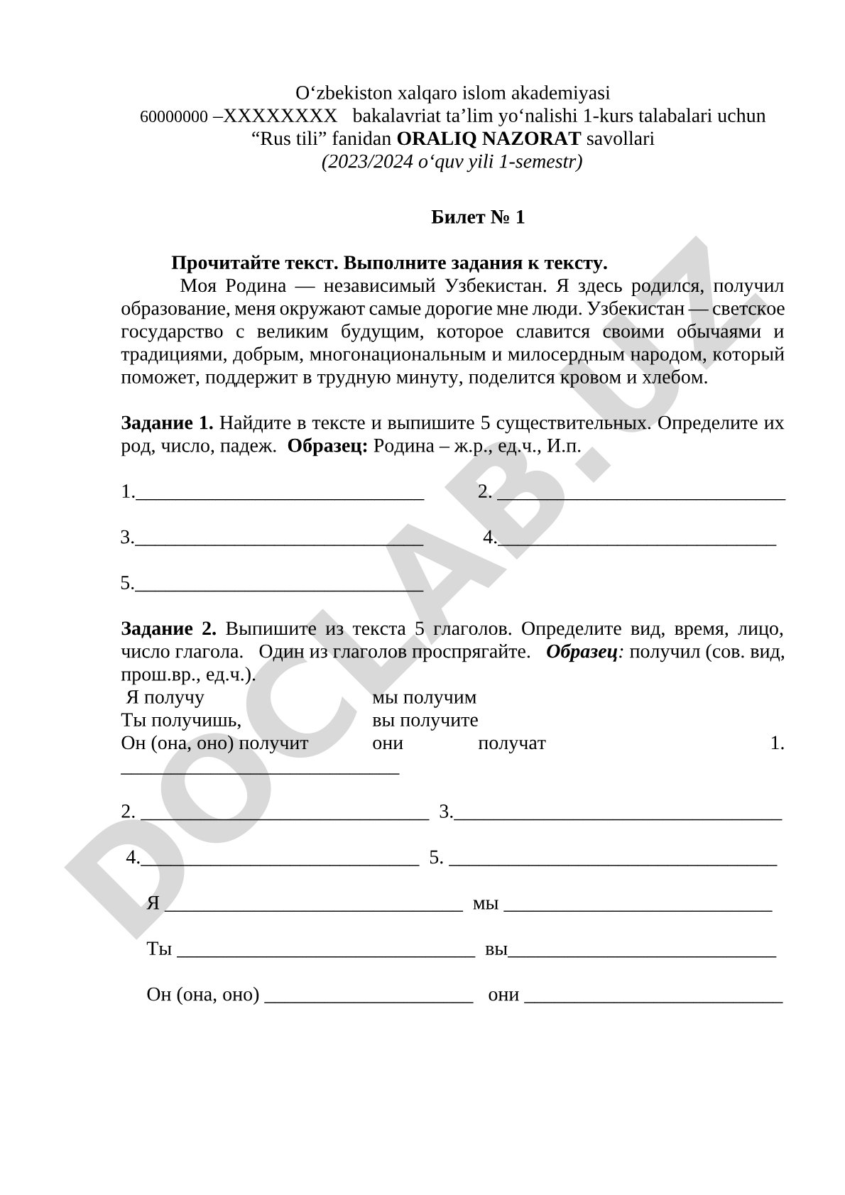 Rus tili fanidan oraliq nazorat savollari