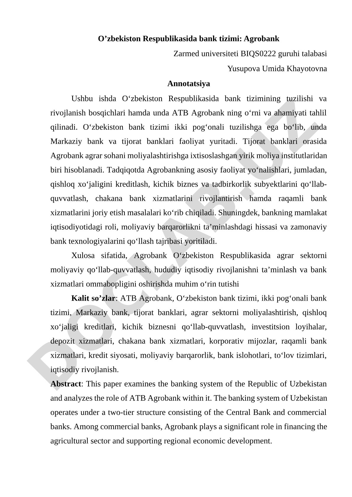 O’zbekiston Respublikasida bank tizimi: Agrobank