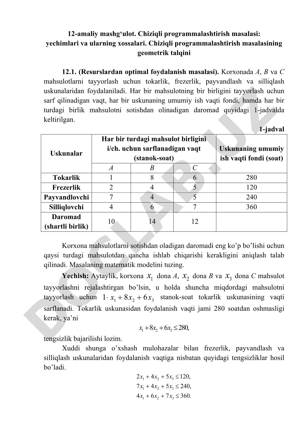 Chiziqli programmalashtirish masalasi: yechimlari va ularning xossalari