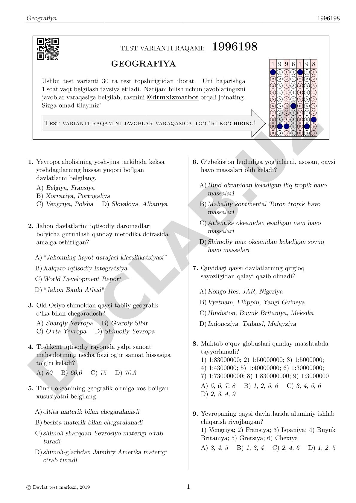 Geografiya fanidan test topshiriqlari