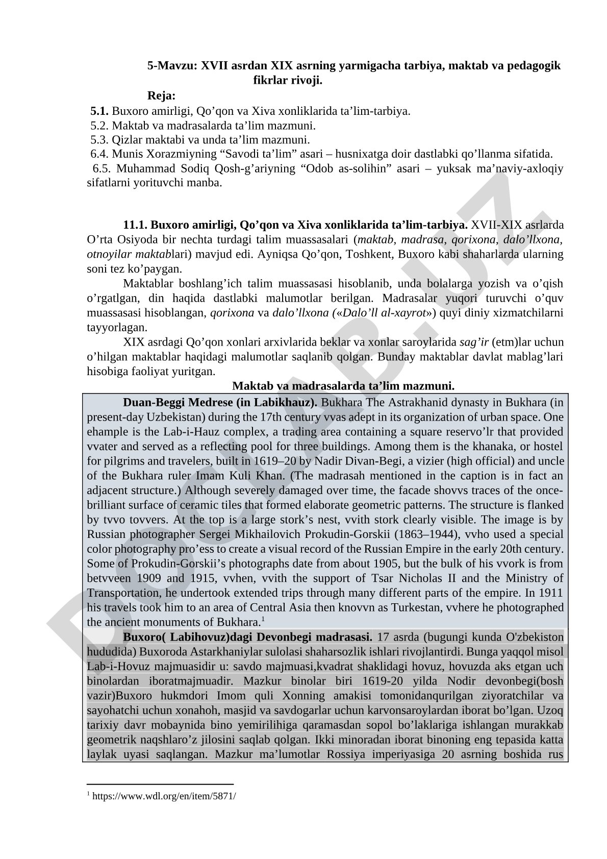XVII asrdan XIX asrning yarmigacha tarbiya, maktab va pedagogik fikrlar rivoji