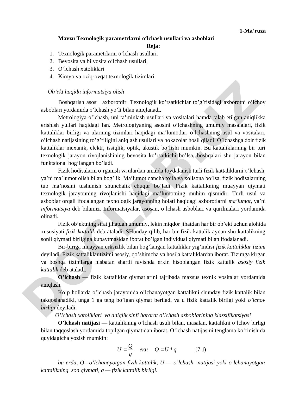 Texnologik parametrlarni o‘lchash usullari va asboblari