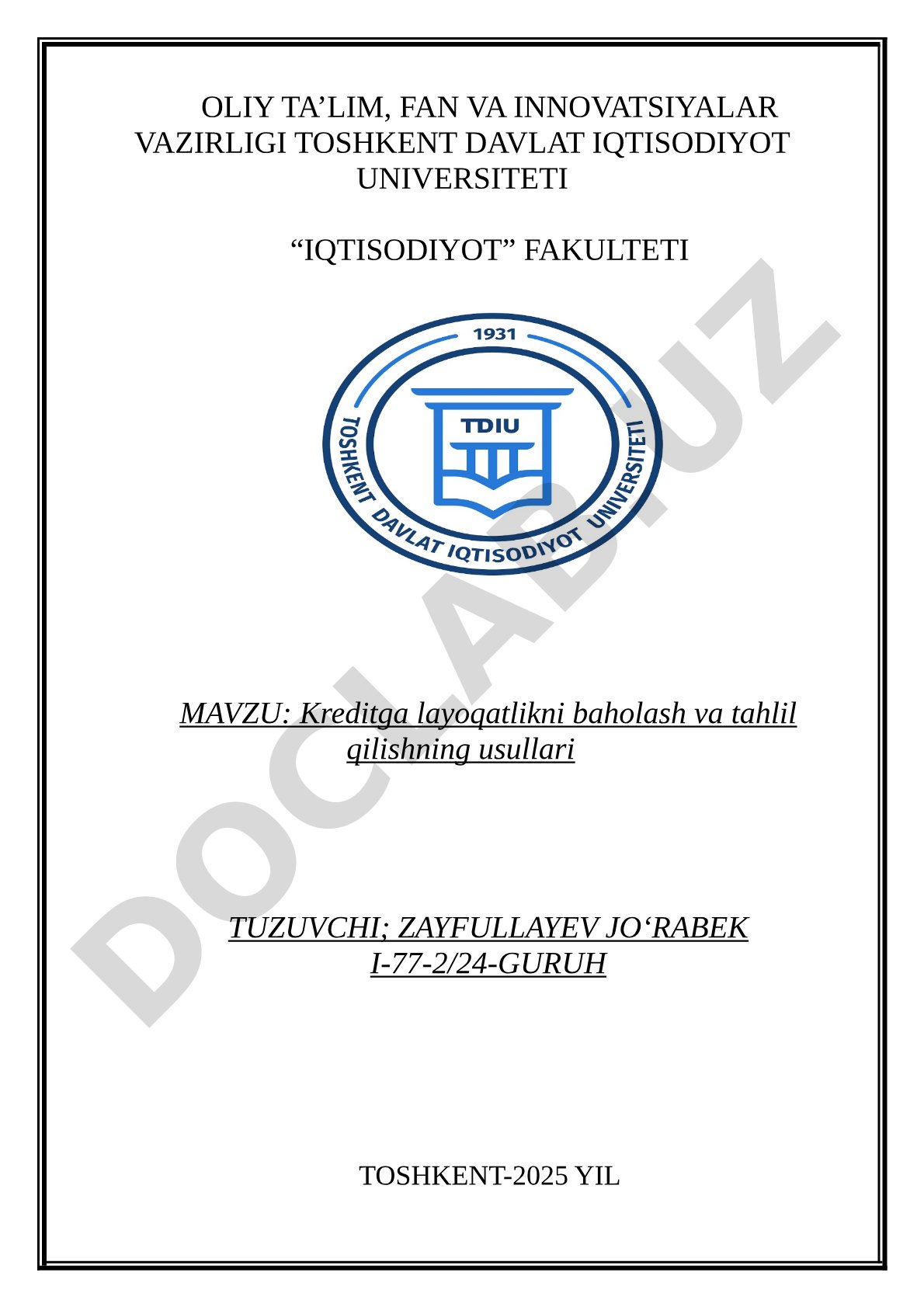 Kreditga layoqatlikni baholash va tahlil qilishning usullari