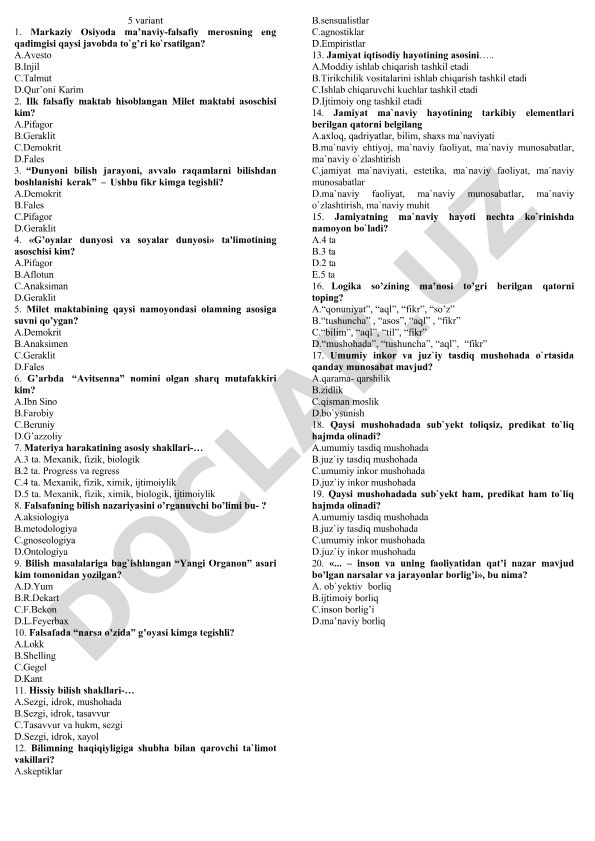 Falsafa fanidan test savollari