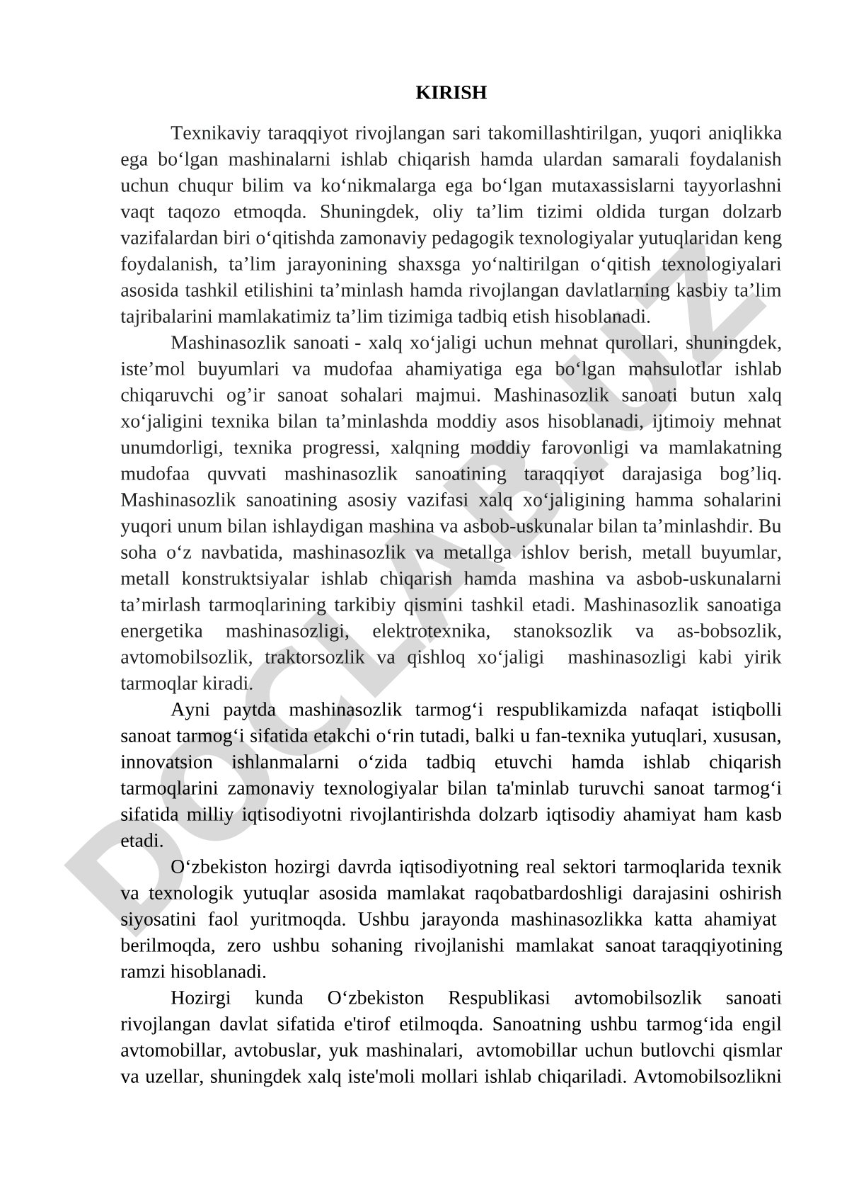 Mashinasozlik sanoatining ahamiyati va vazifalari