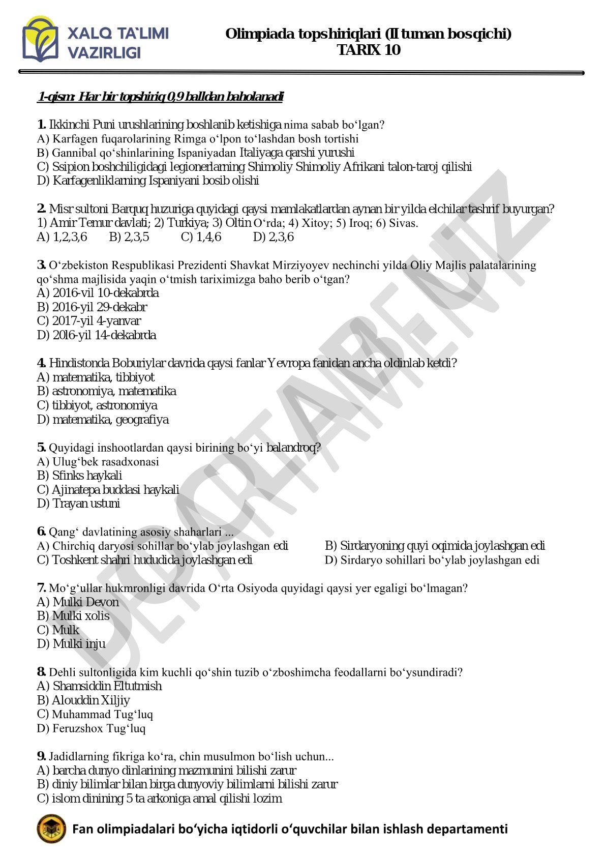Olimpiada topshiriqlari (II tuman bosqichi) TARIX