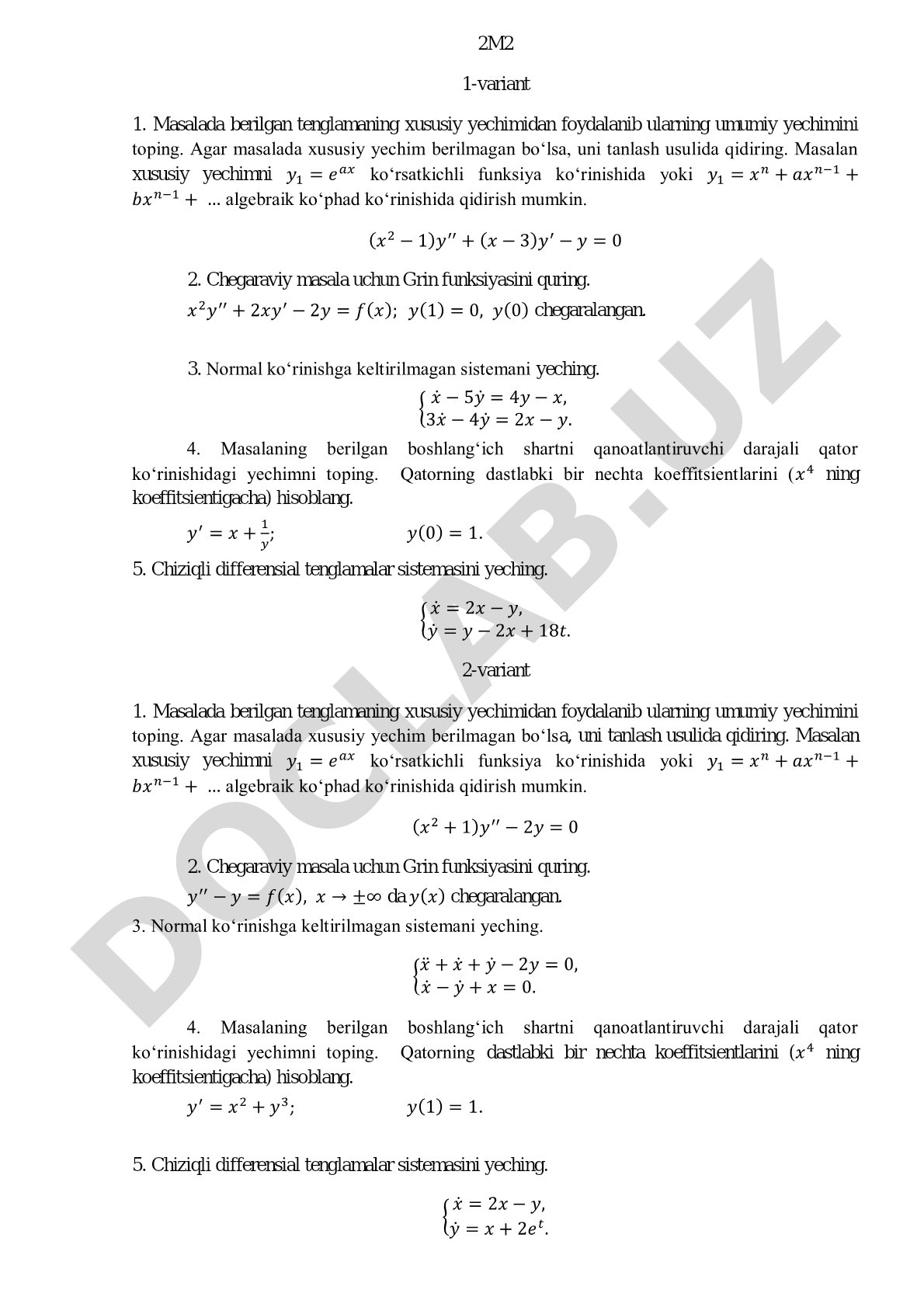 Differensial tenglamalar bo'yicha masalalar to'plami