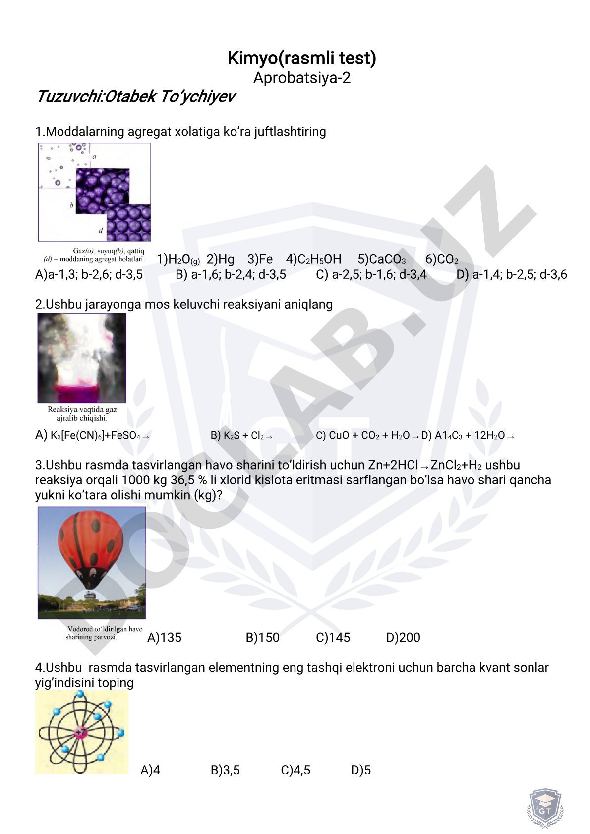 Kimyo fanidan rasmlar asosidagi test savollari (Aprobatsiya-2)