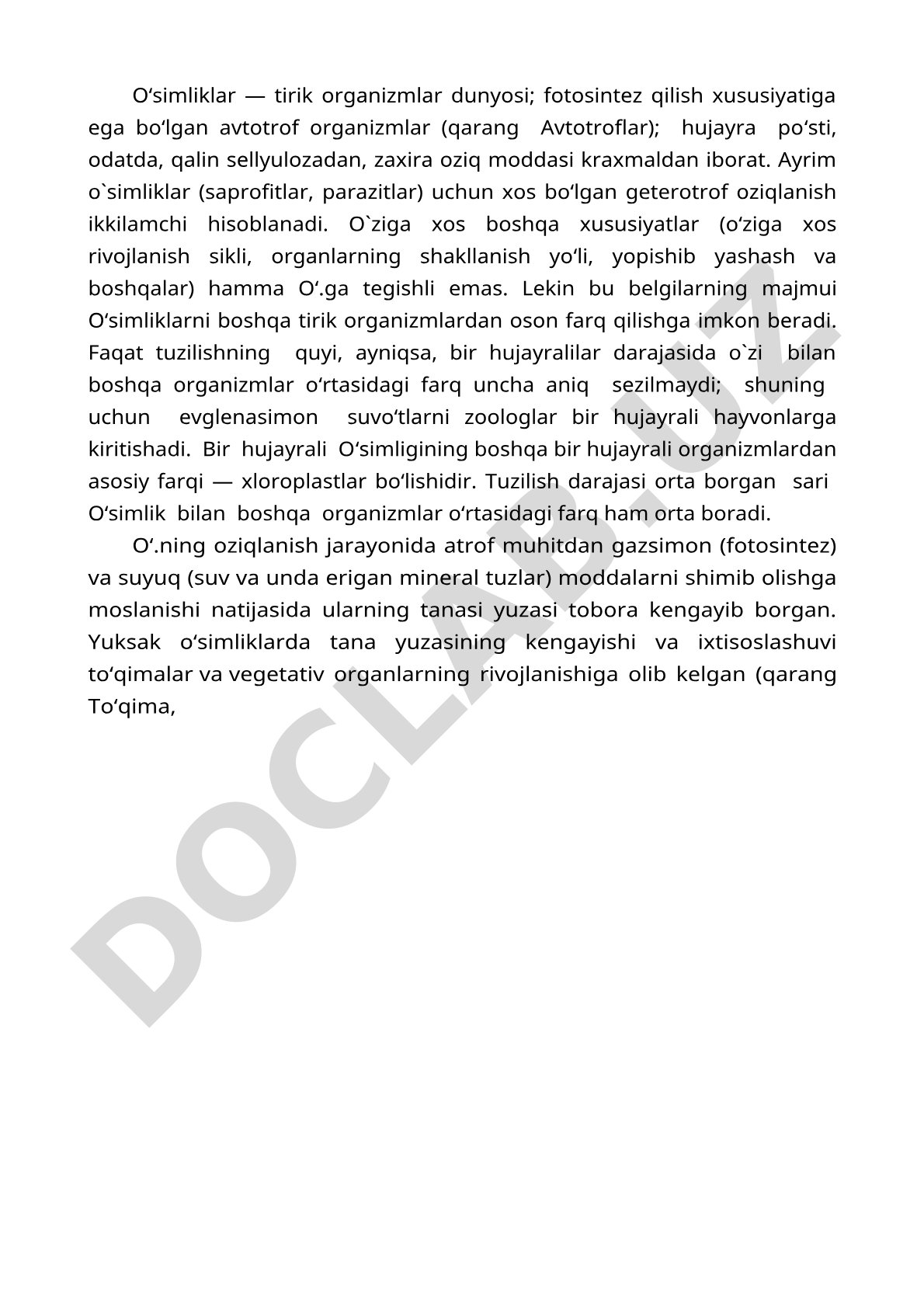 O'simliklarning asosiy xususiyatlari