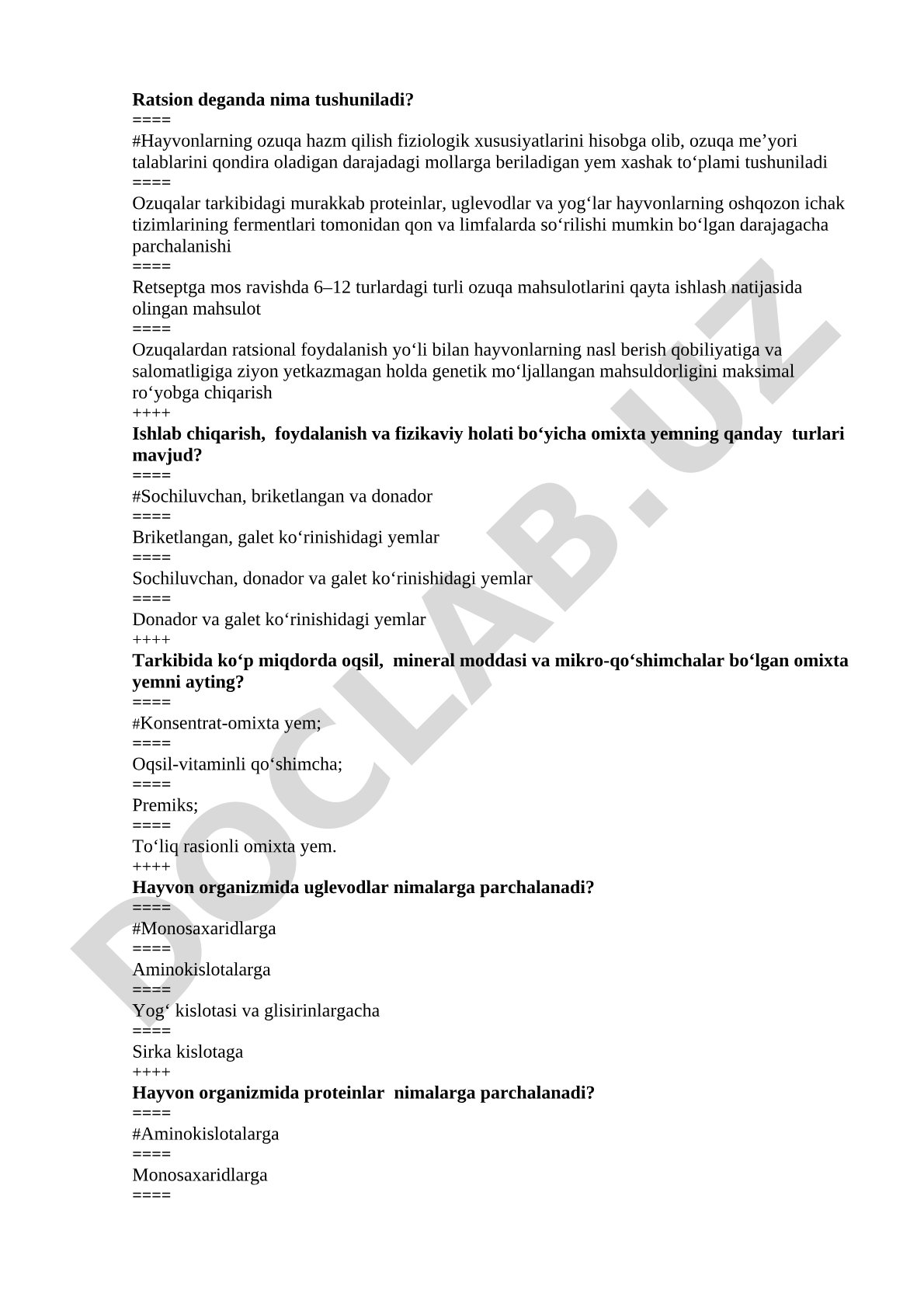 Hayvonlarning ozuqa ratsioni va omixta yem turlari