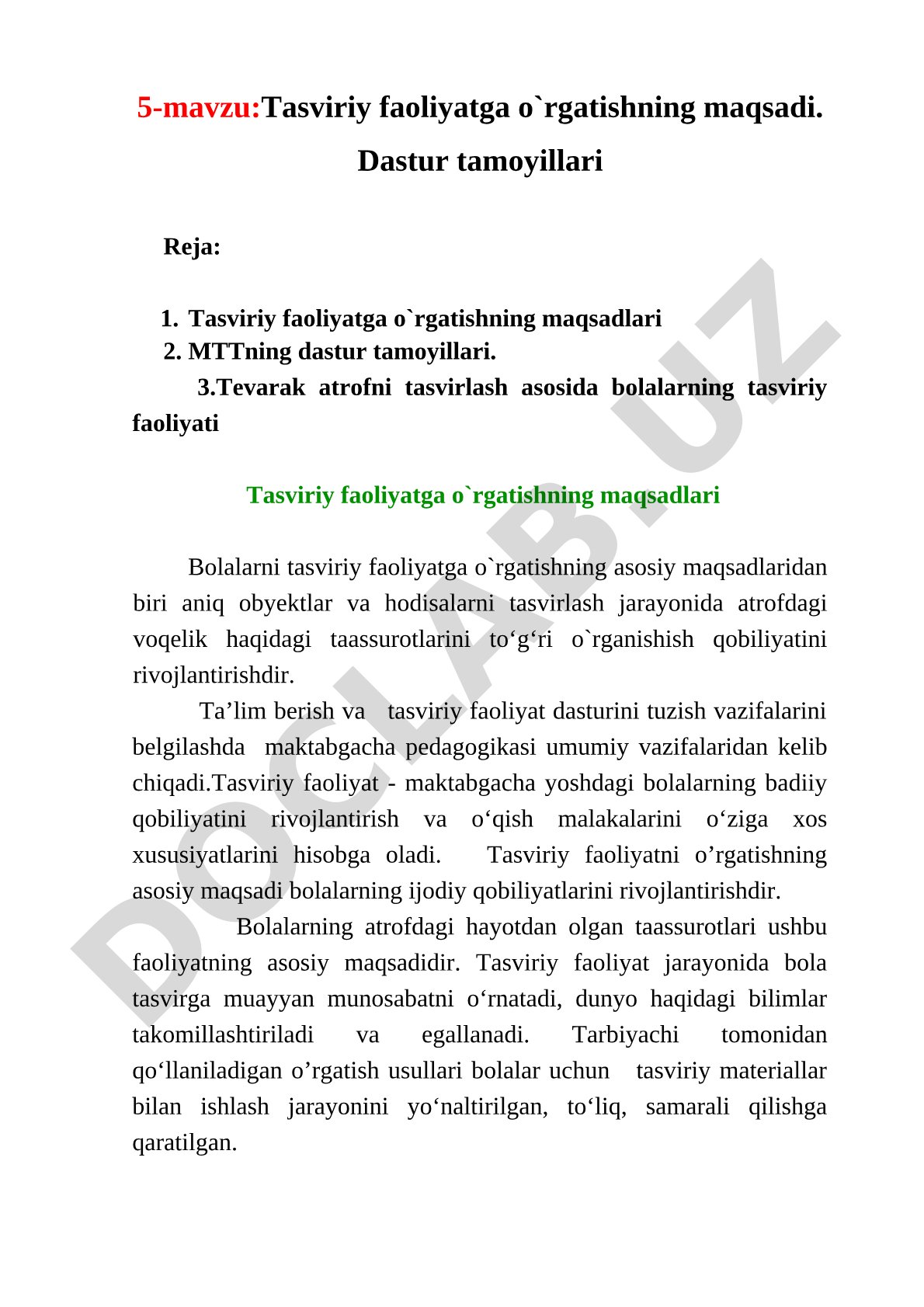 Tasviriy faoliyatga o'rgatishning maqsadi va dastur tamoyillari