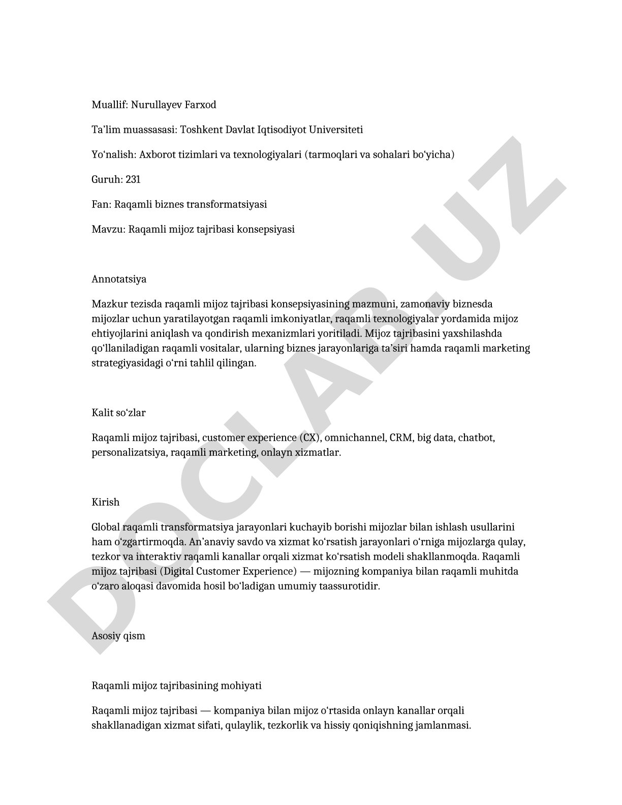 Raqamli mijoz tajribasi konsepsiyasi