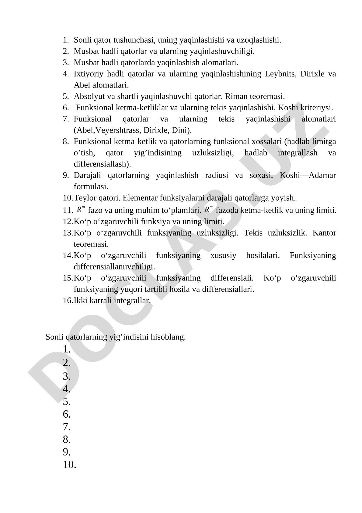Sonli qatorlar va funksional ketma-ketliklar nazariyasi