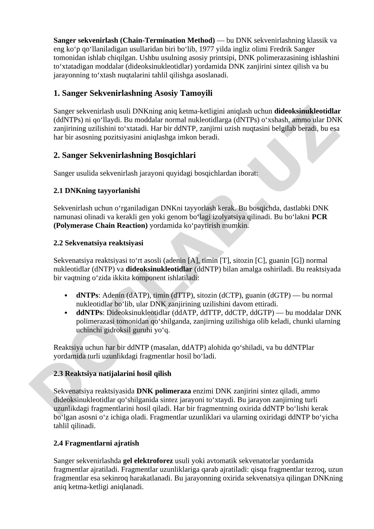 Sanger sekvenirlash usulining tamoyillari va bosqichlari