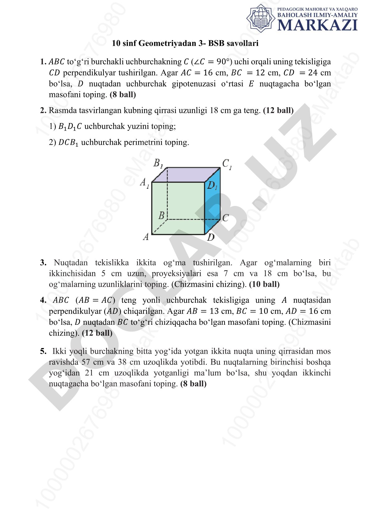 10-sinf Geometriyadan 3-BSB savollari