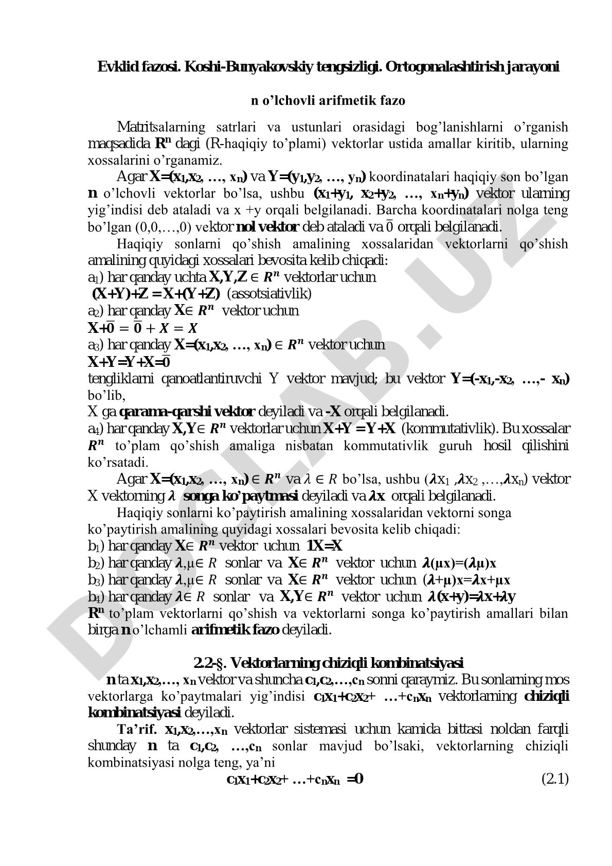 Evklid fazosi. Koshi-Bunyakovskiy tengsizligi. Ortogonalashtirish jarayoni