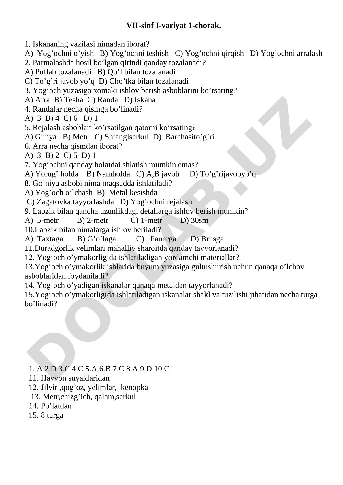 VII-sinf I-variyat 1-chorak