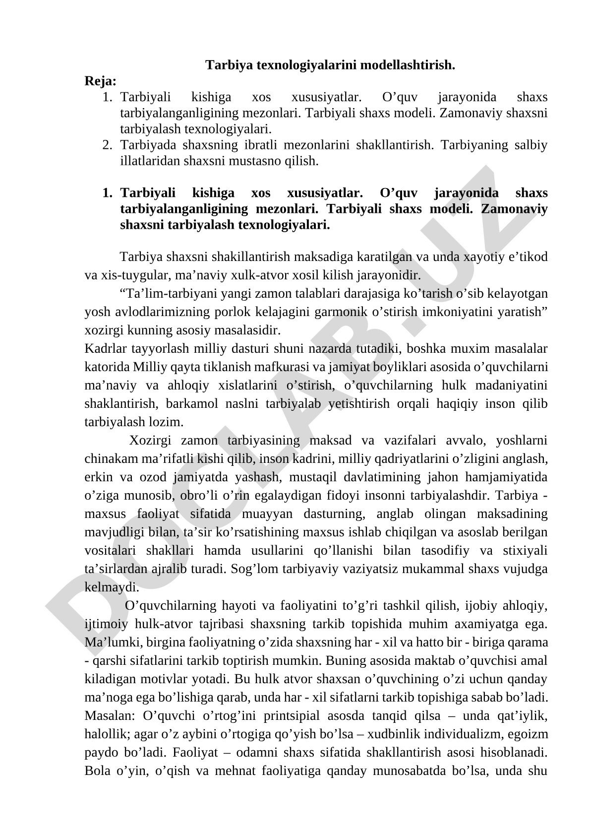 Tarbiya texnologiyalarini modellashtirish va tarbiyali shaxs xususiyatlari haqida