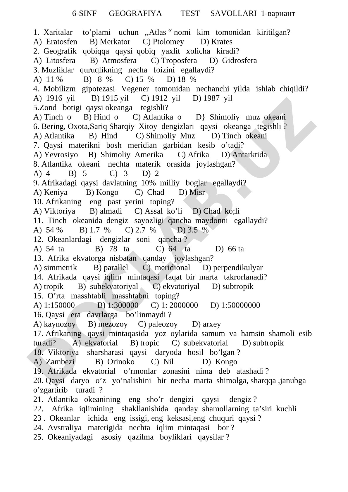 6-sinf geografiya test savollari 1-variant