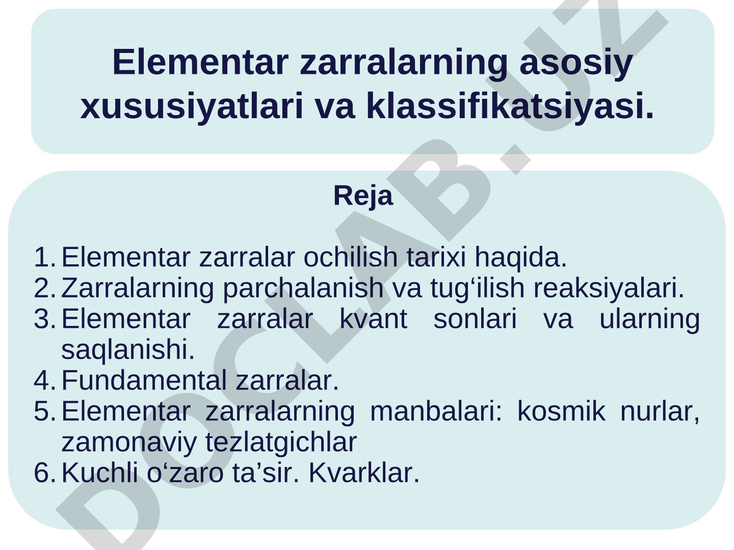 Elementar zarralarning asosiy xususiyatlari va klassifikatsiyasi.