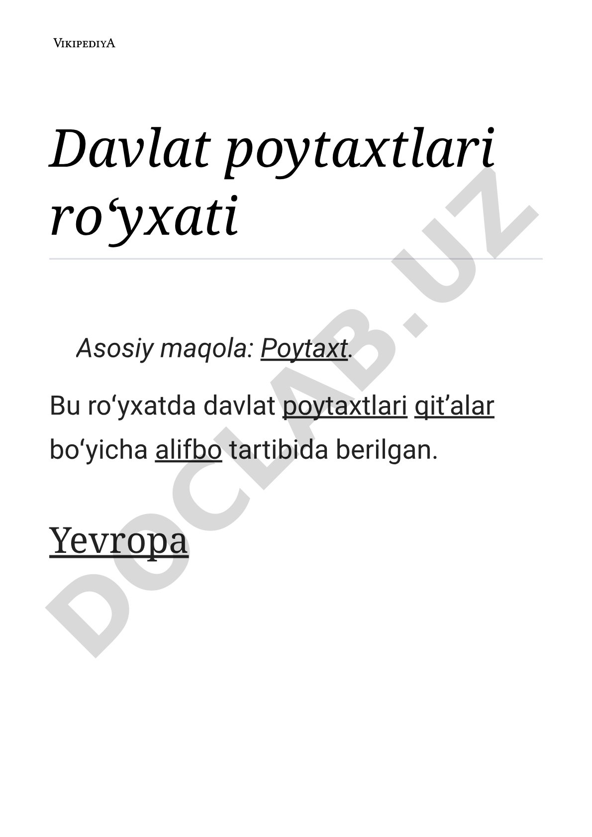 Davlatlar poytaxtlari qitʼalar boʻyicha alifbo tartibida keltirilgan