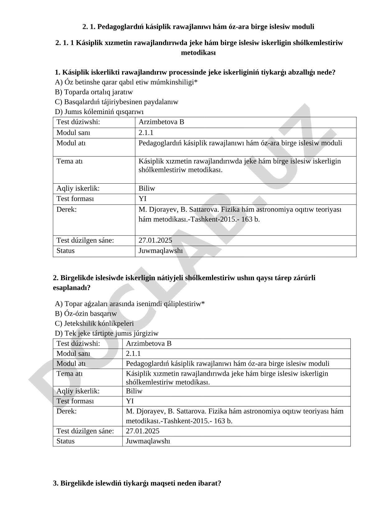 Kásiplik xızmetin rawajlandırıwda jeke hám birge islesiw iskerligin shólkemlestiriw metodikası