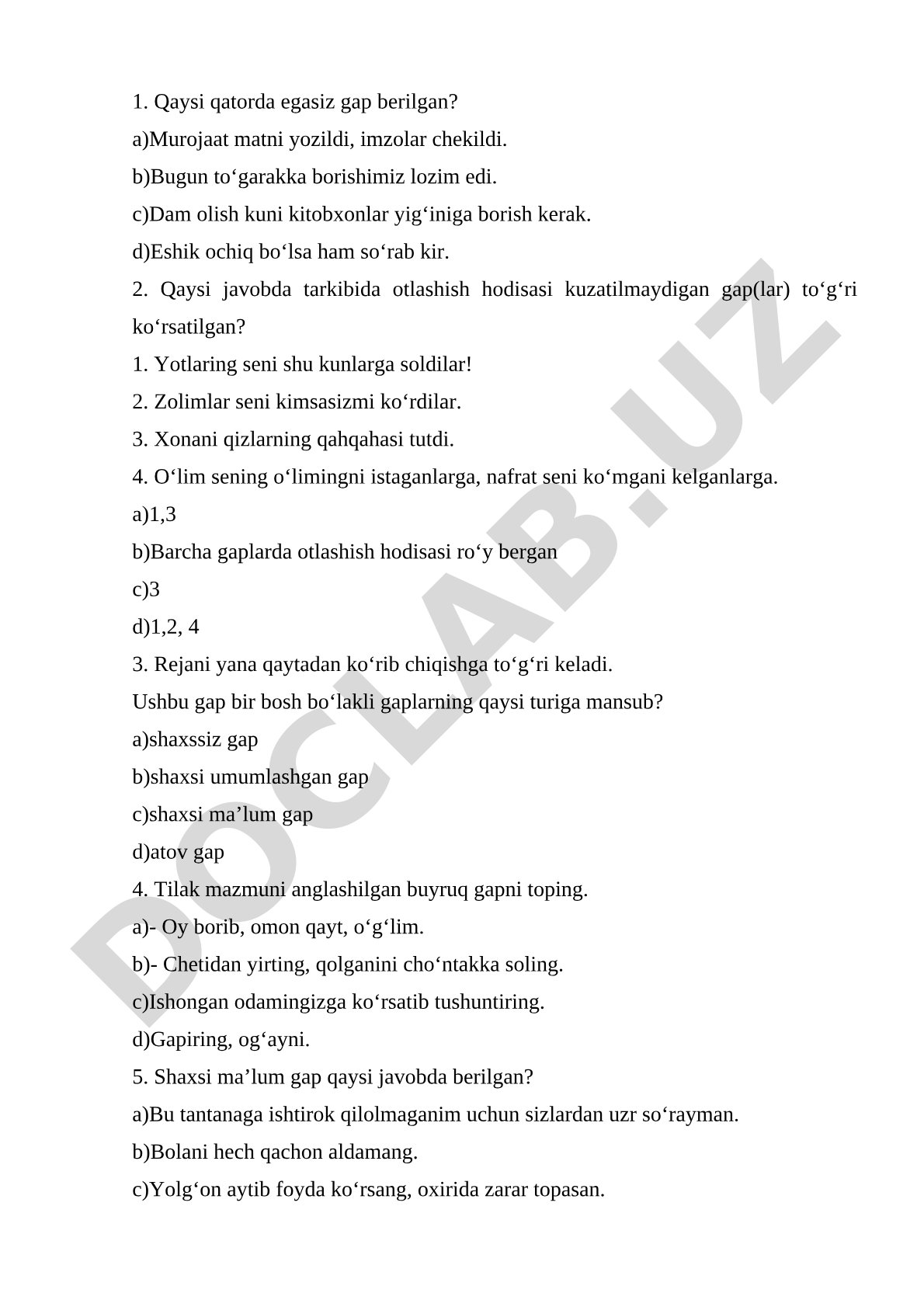 O‘zbek tili grammatikasidan test savollari