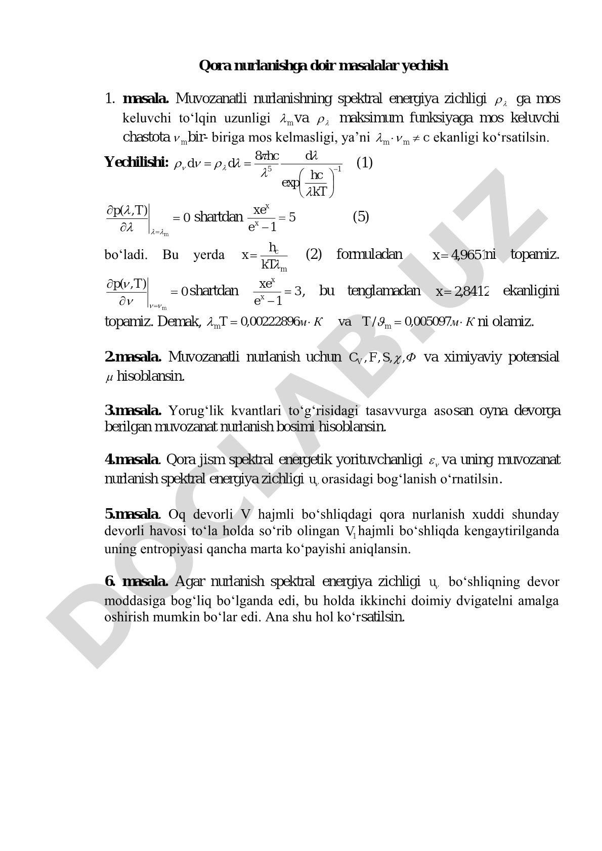 Qora nurlanishga doir masalalar yechish