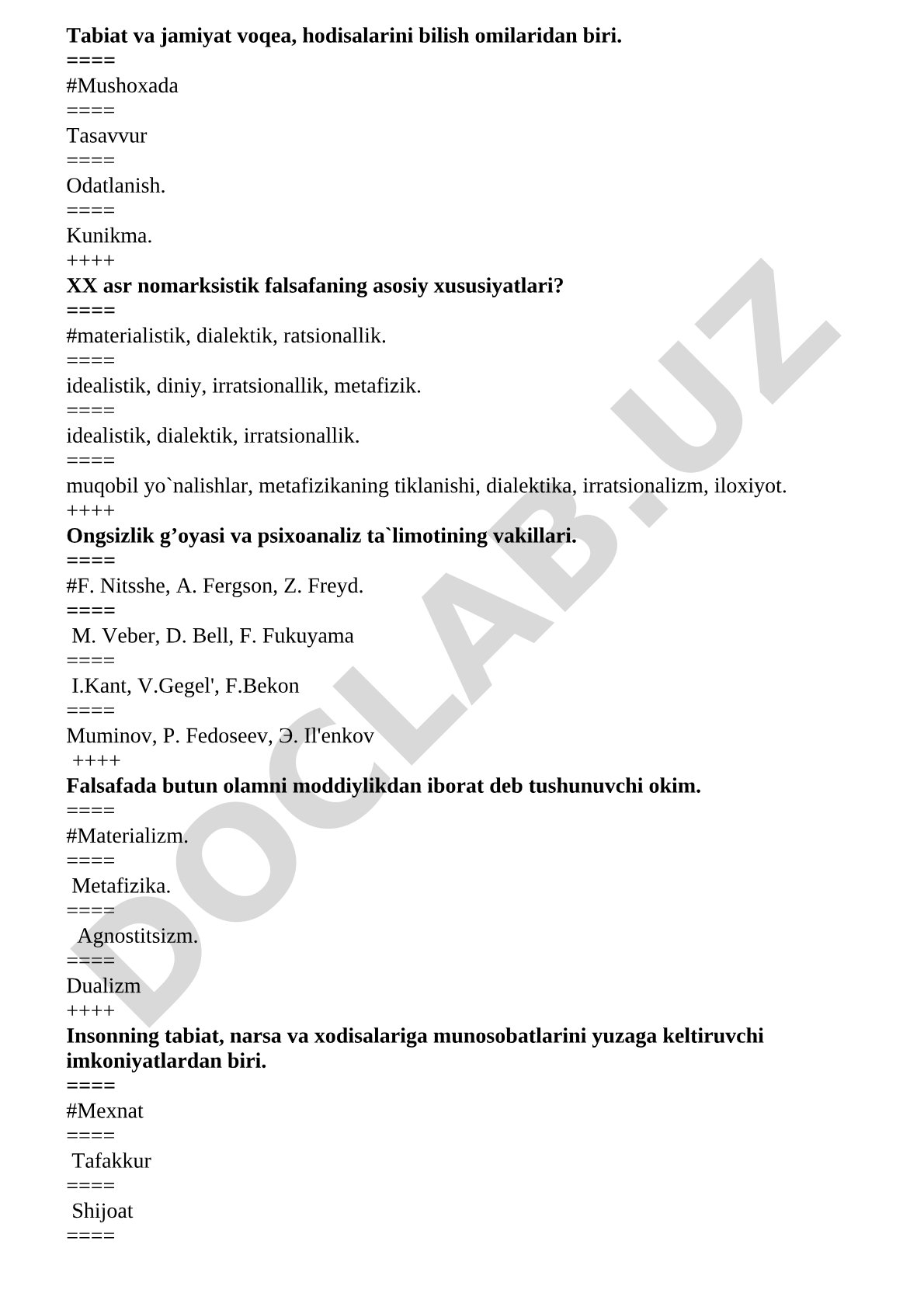 Falsafa fanidan test savollari