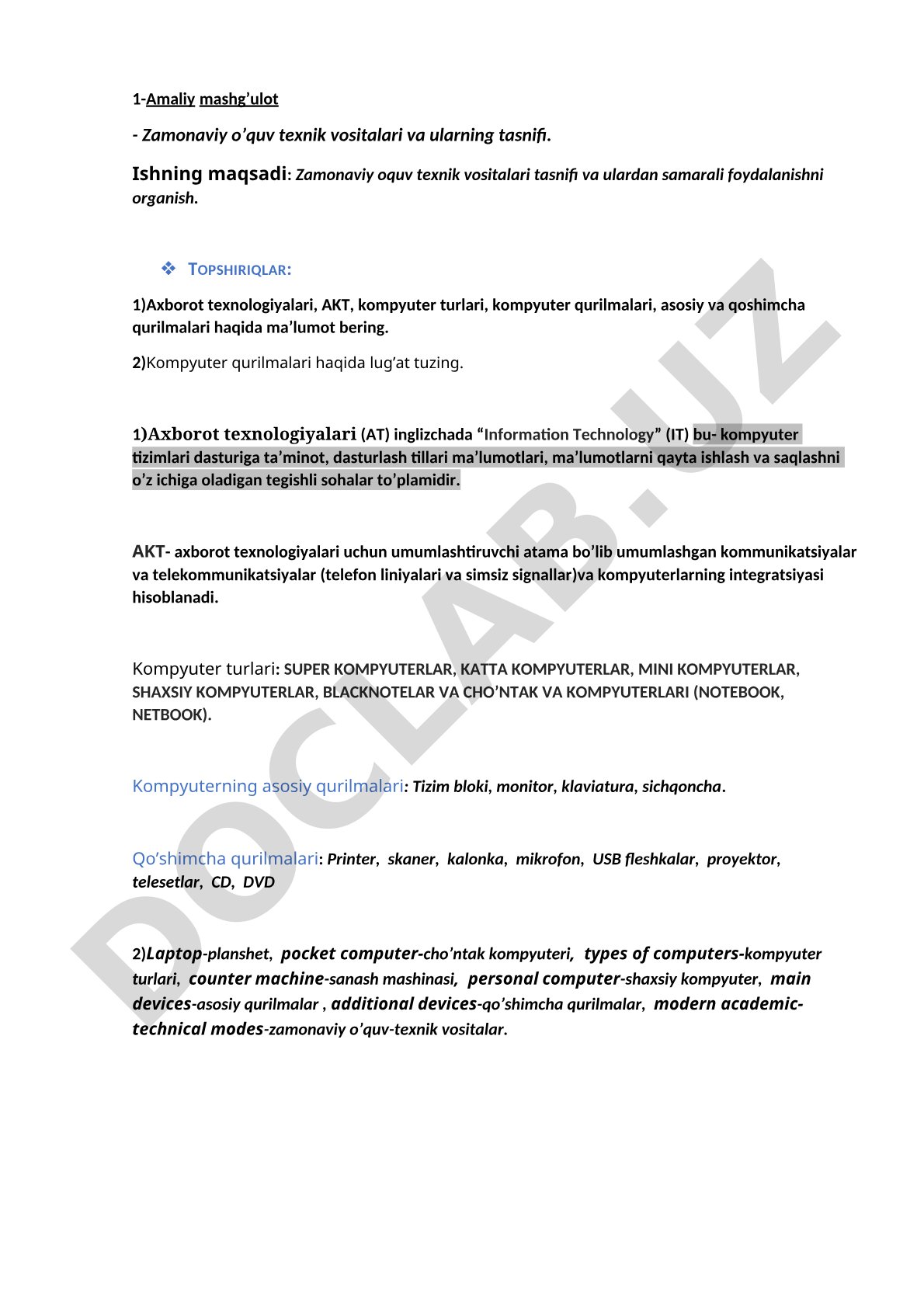1-Amaliy mashg’ulot - Zamonaviy o’quv texnik vositalari va ularning tasnifi
