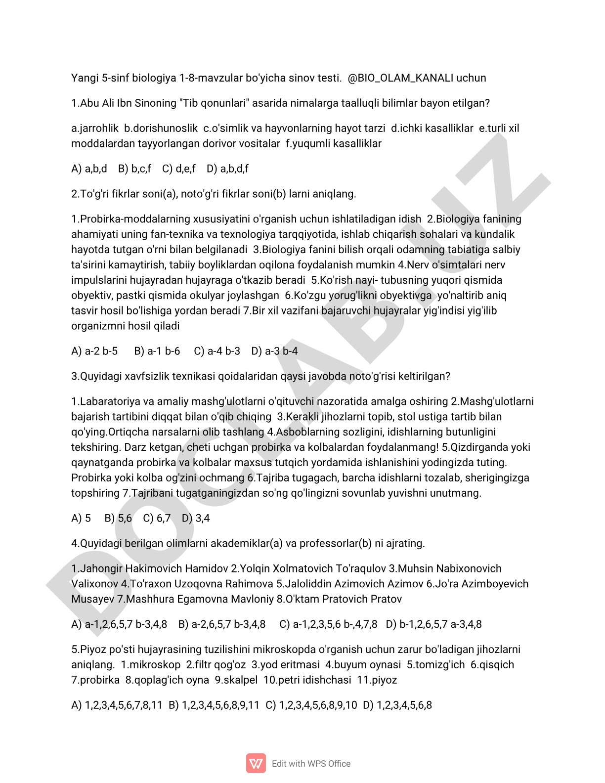 5-sinf biologiya 1-8 mavzular bo'yicha sinov testi