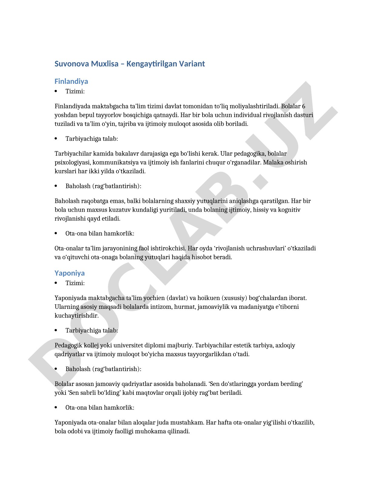 Finlandiya va Yaponiya maktabgacha ta'lim tizimining xususiyatlari
