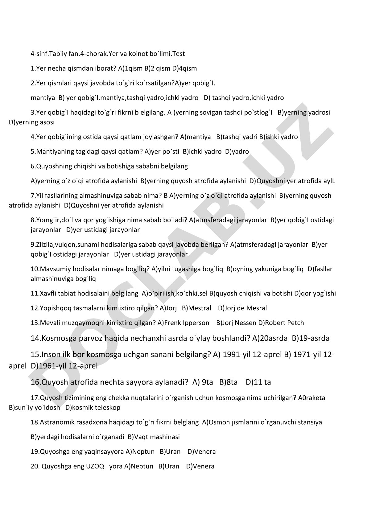 4-sinf tabiiy fan Yer va koinot bo'limi bo'yicha test savollari