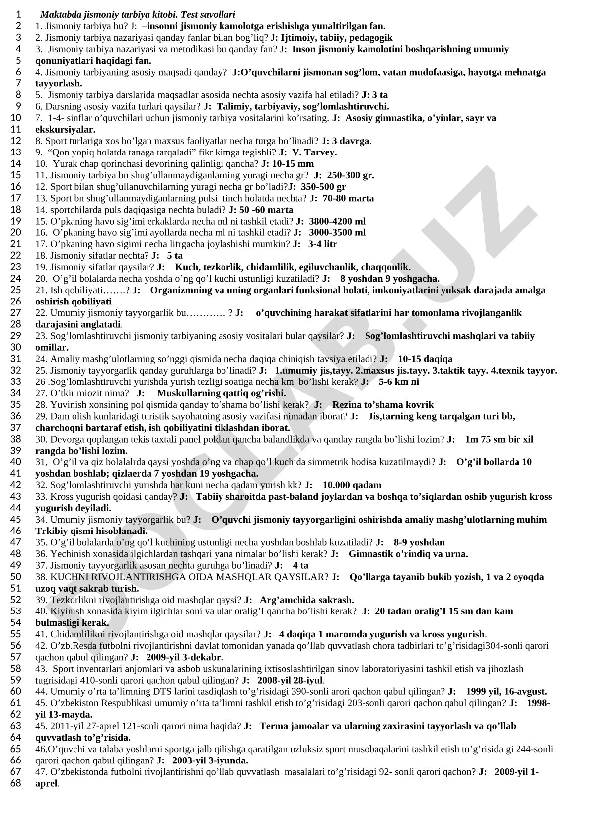 Maktabda jismoniy tarbiya fanidan test savollari