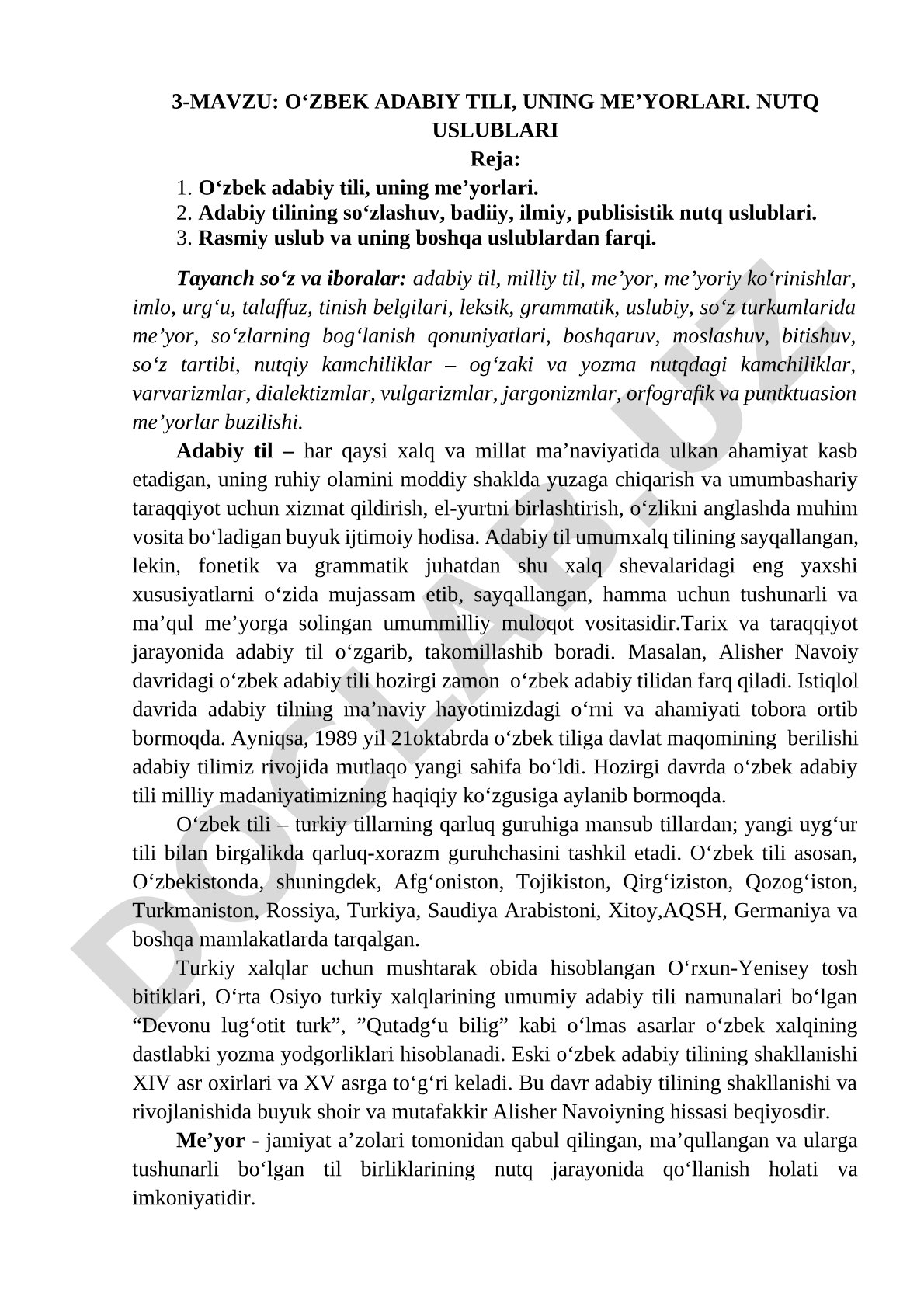 O'zbek adabiy tili, uning me'yorlari. Nutq uslublari