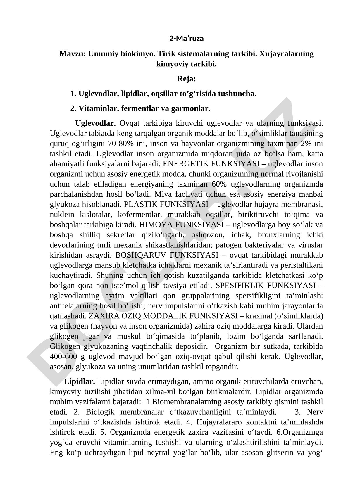 Umumiy biokimyo. Tirik sistemalarning tarkibi. Xujayralarning kimyoviy tarkibi.