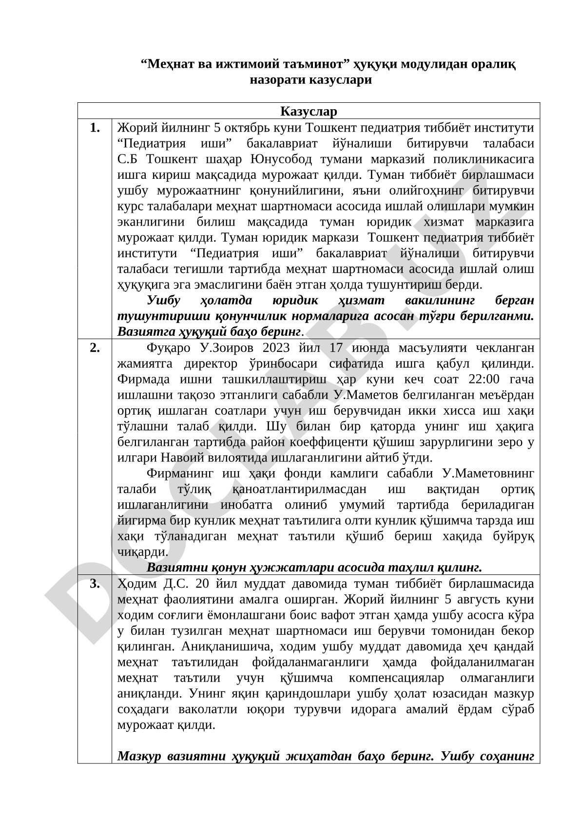 Mehnat va ijtimoiy ta'minot huquqi modulidan oralik nazorati kazuslari