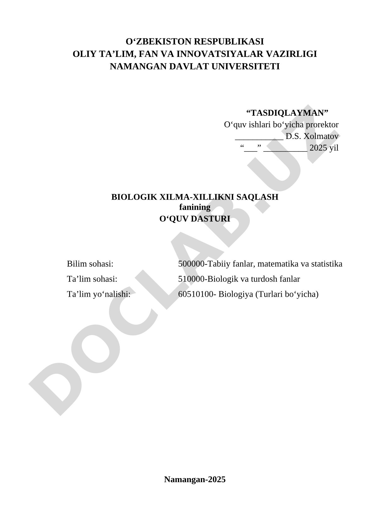 Biologik xilma-xillikni saqlash fanining o‘quv dasturi