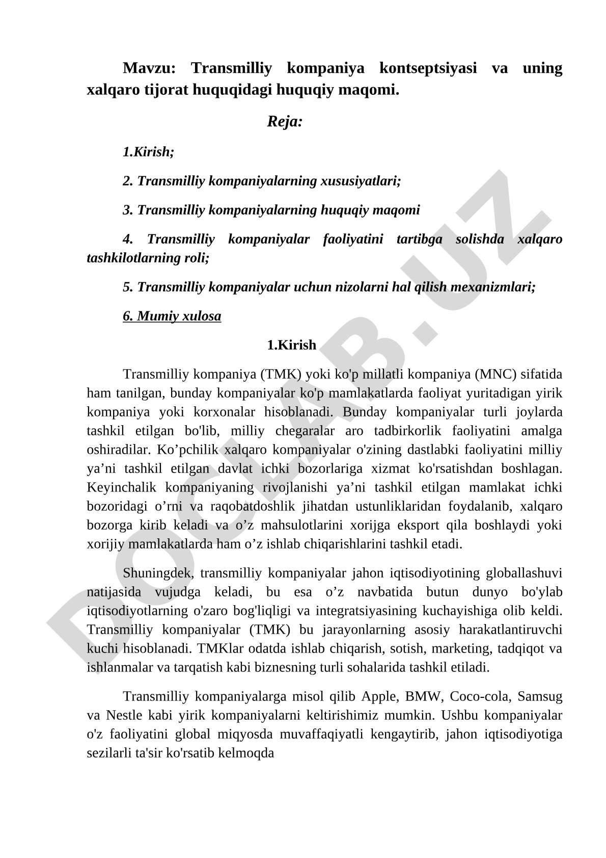 Transmilliy kompaniya kontseptsiyasi va uning xalqaro tijorat huquqidagi huquqiy maqomi