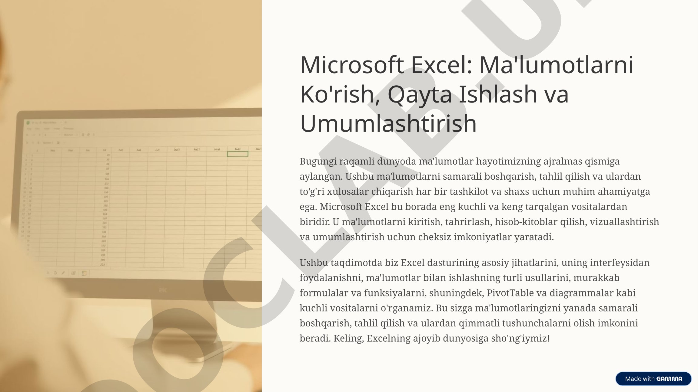 Microsoft Excel: Ma'lumotlarni Ko'rish, Qayta Ishlash va Umumlashtirish Bugungi raqamli dunyoda ma'l