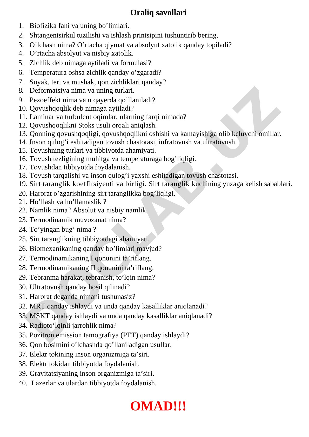 Oraliq savollari Biofizika fani va uning bo’limlari.