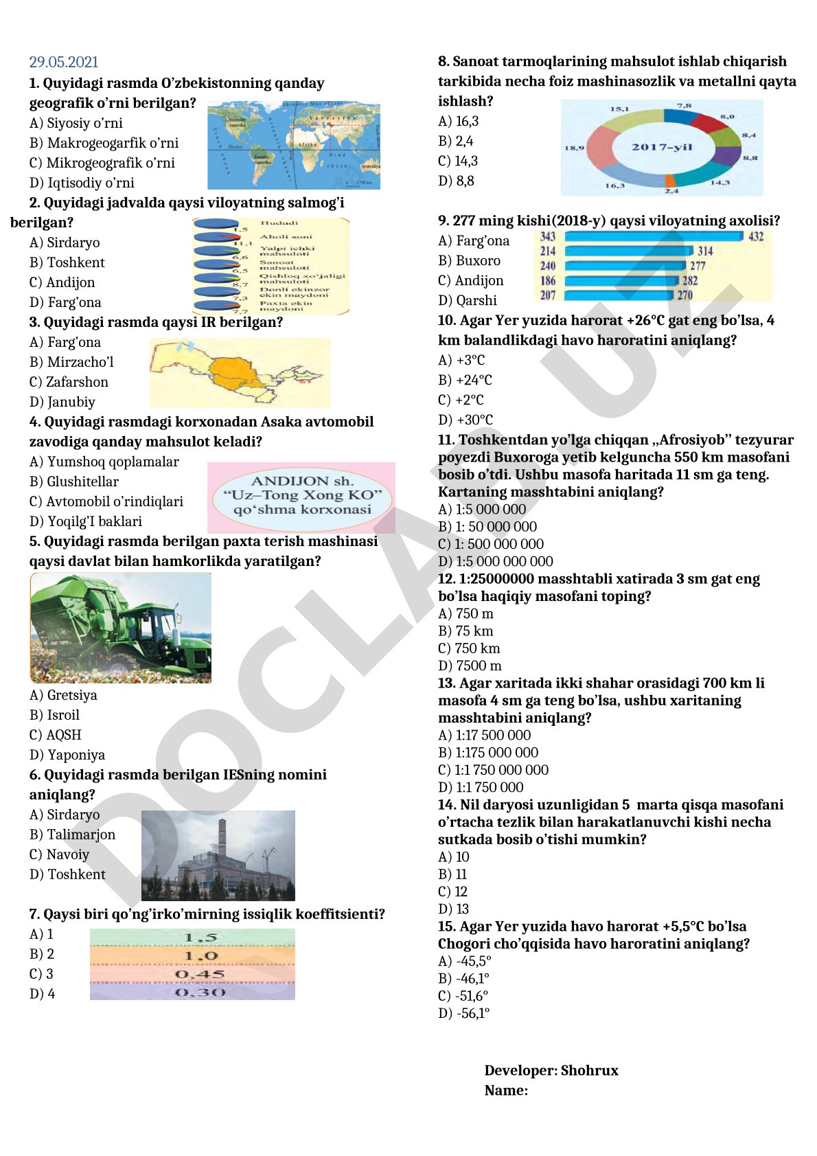 O'zbekiston geografiyasi test savollari