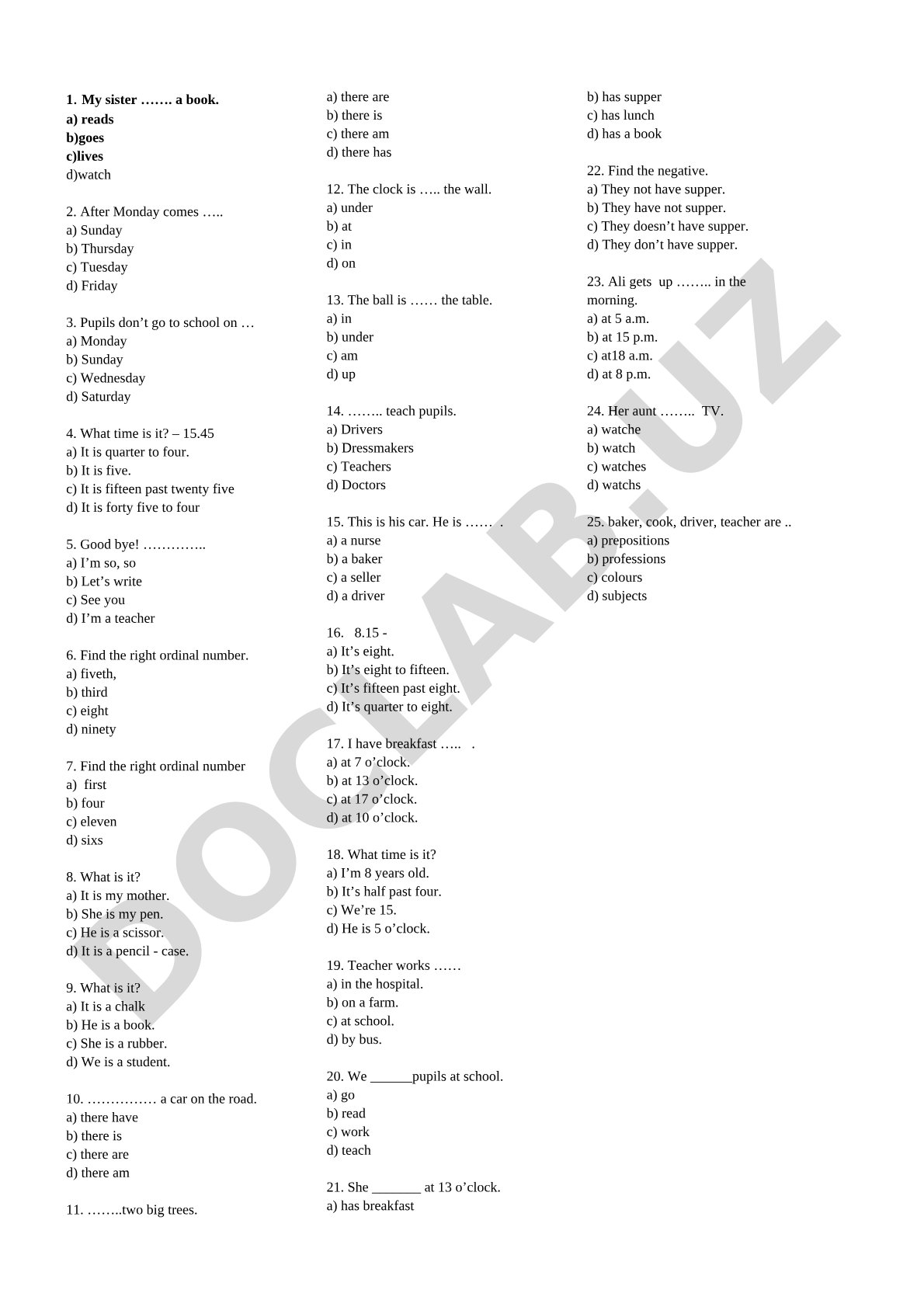 English grammar and vocabulary multiple choice test