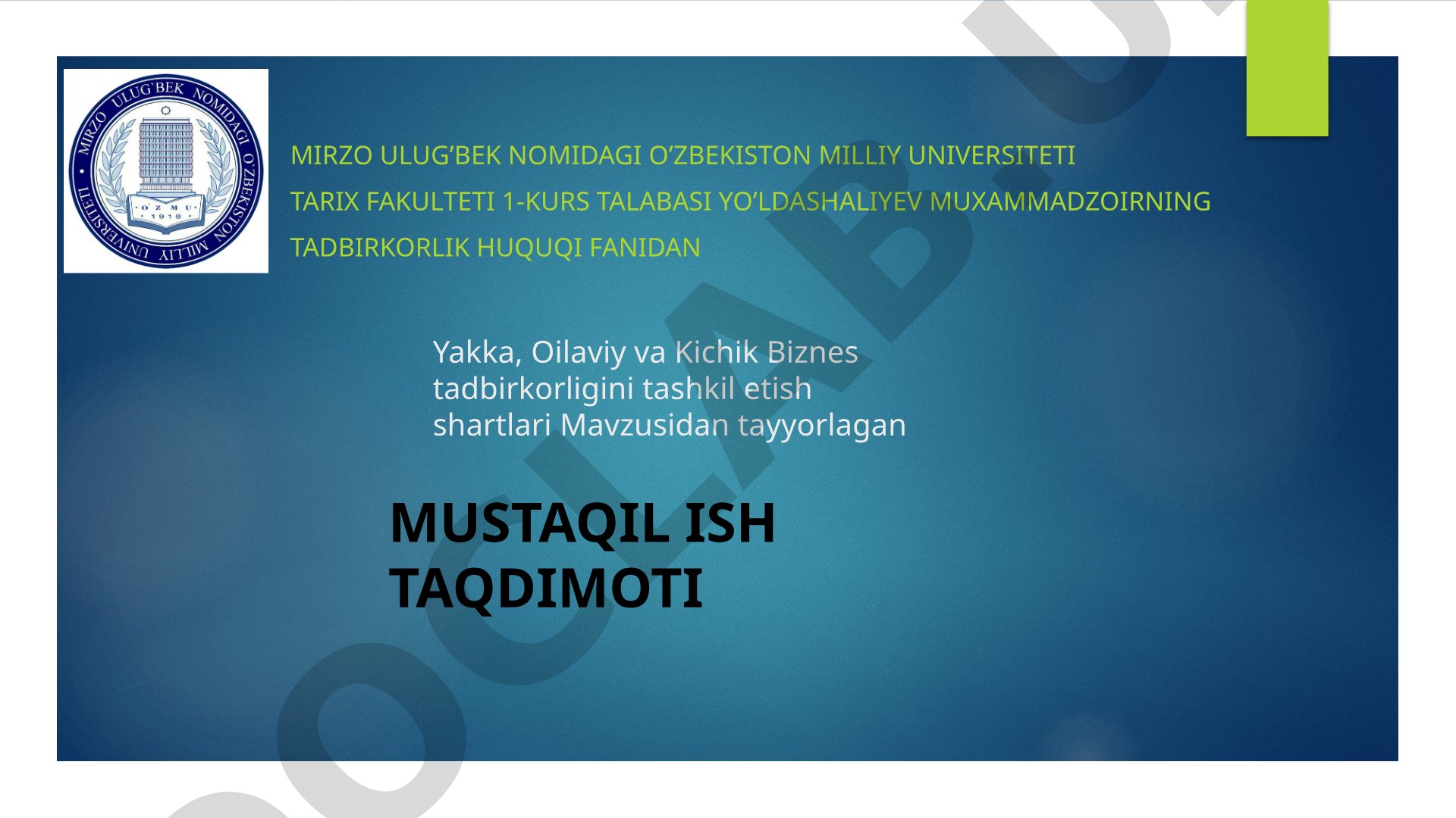 Yakka, Oilaviy va Kichik Biznes tadbirkorligini tashkil etish shartlari