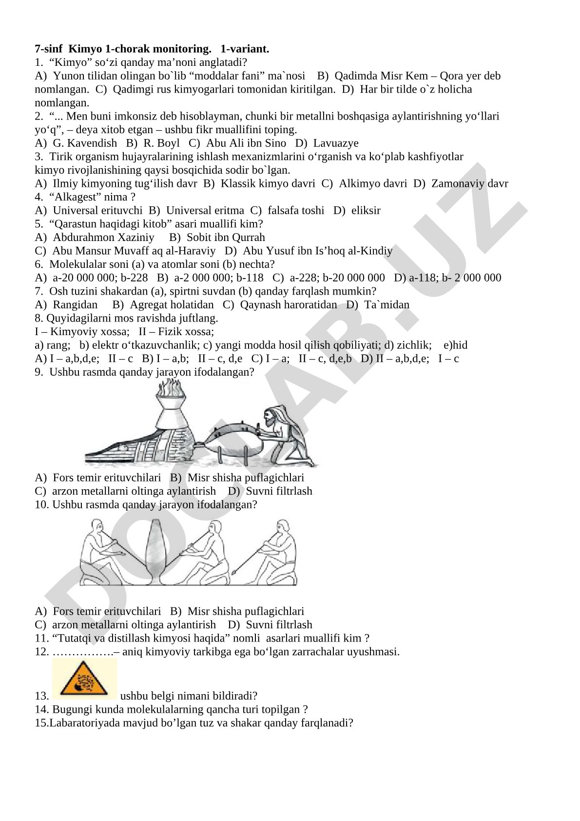 7-sinf Kimyo 1-chorak monitoring. 1-variant